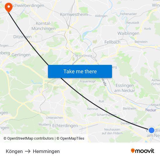 Köngen to Hemmingen map