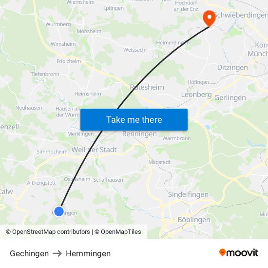 Gechingen to Hemmingen map