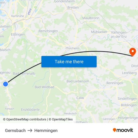 Gernsbach to Hemmingen map