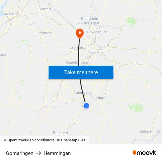 Gomaringen to Hemmingen map