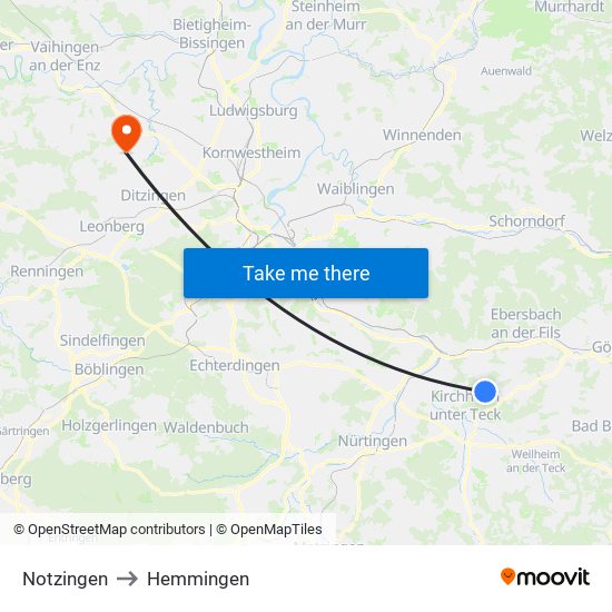 Notzingen to Hemmingen map