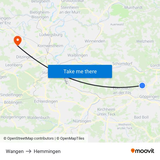 Wangen to Hemmingen map