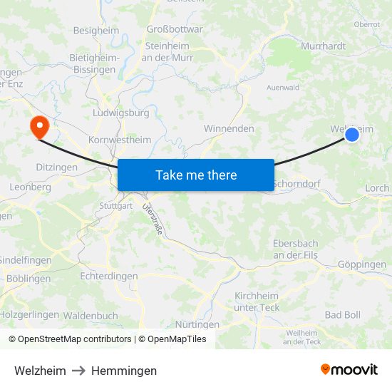 Welzheim to Hemmingen map