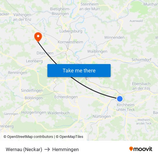 Wernau (Neckar) to Hemmingen map