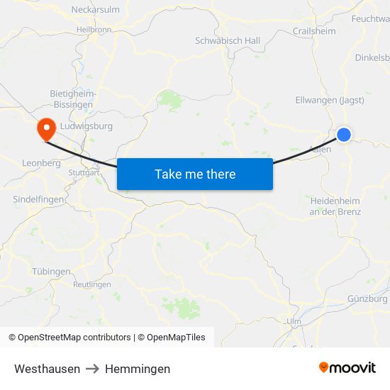 Westhausen to Hemmingen map