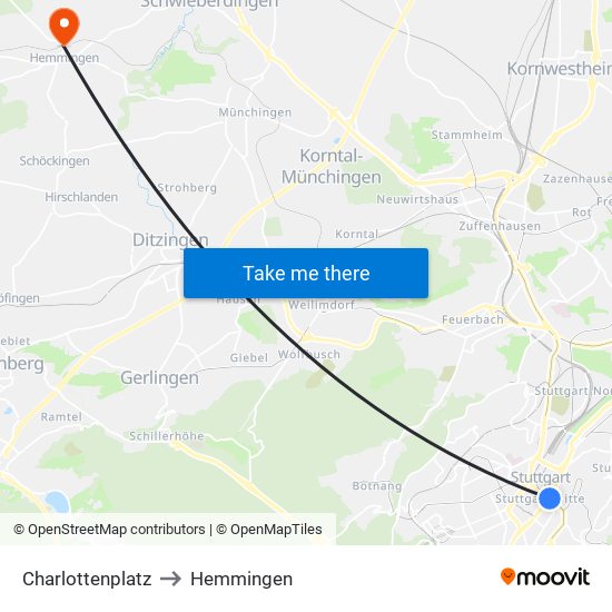 Charlottenplatz to Hemmingen map