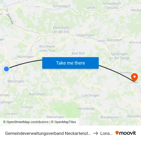 Gemeindeverwaltungsverband Neckartenzlingen to Lonsee map