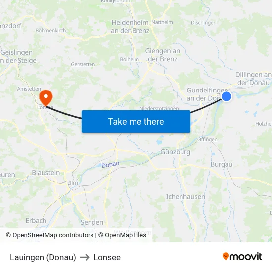Lauingen (Donau) to Lonsee map
