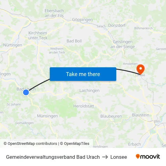 Gemeindeverwaltungsverband Bad Urach to Lonsee map