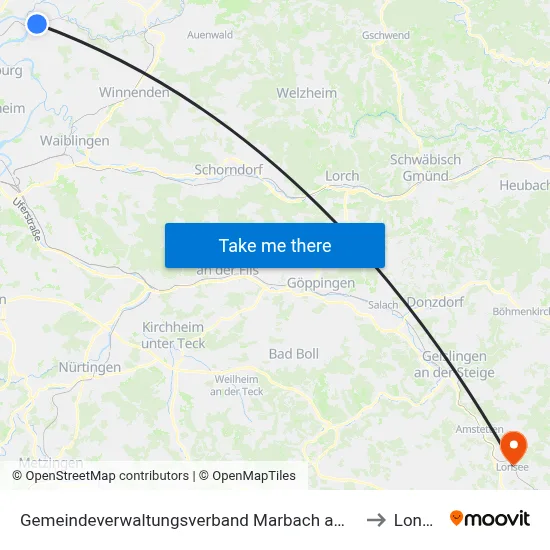 Gemeindeverwaltungsverband Marbach am Neckar to Lonsee map