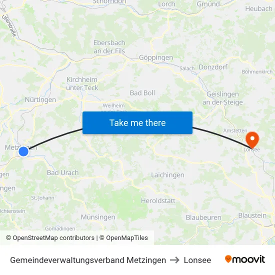 Gemeindeverwaltungsverband Metzingen to Lonsee map