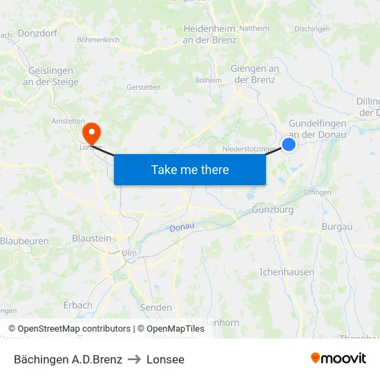 Bächingen A.D.Brenz to Lonsee map