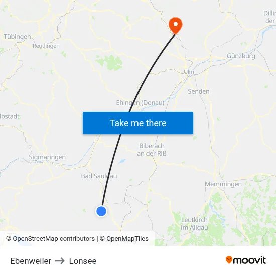 Ebenweiler to Lonsee map