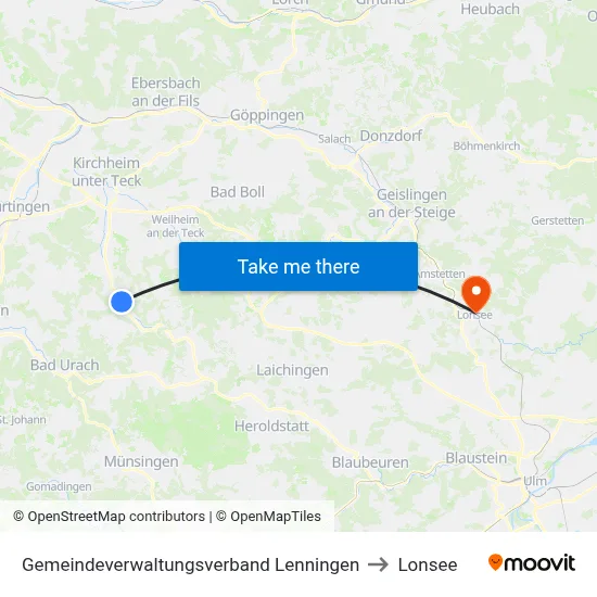 Gemeindeverwaltungsverband Lenningen to Lonsee map