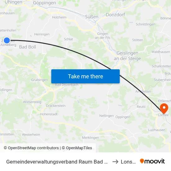 Gemeindeverwaltungsverband Raum Bad Boll to Lonsee map