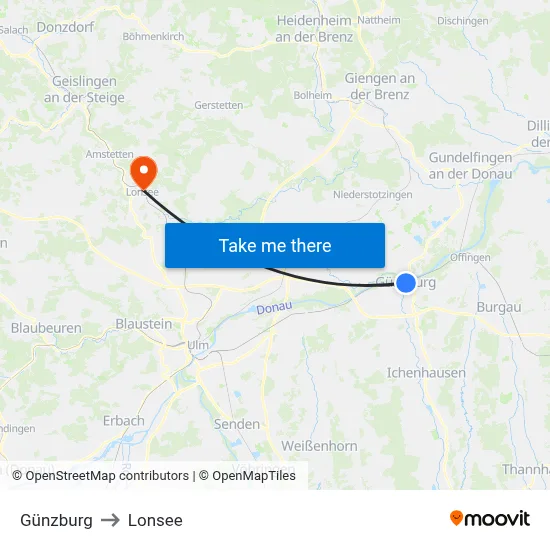 Günzburg to Lonsee map