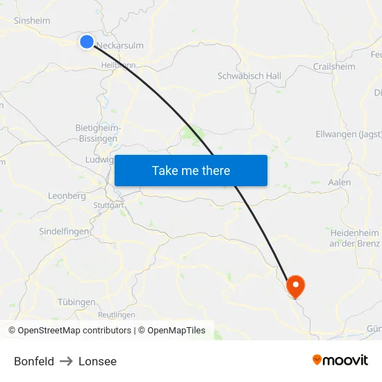 Bonfeld to Lonsee map