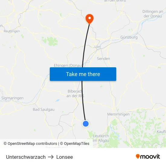 Unterschwarzach to Lonsee map