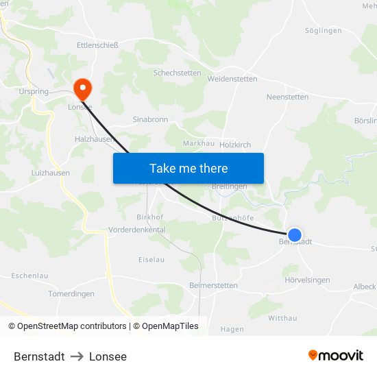 Bernstadt to Lonsee map