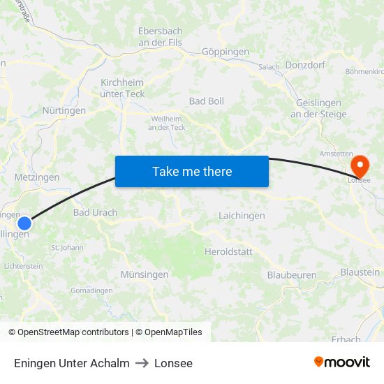 Eningen Unter Achalm to Lonsee map