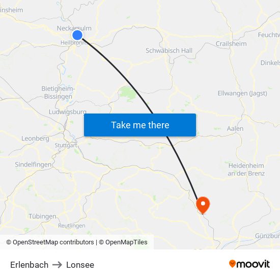 Erlenbach to Lonsee map