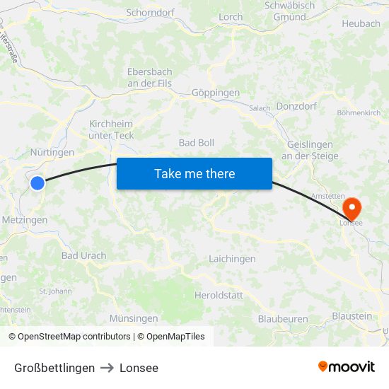 Großbettlingen to Lonsee map