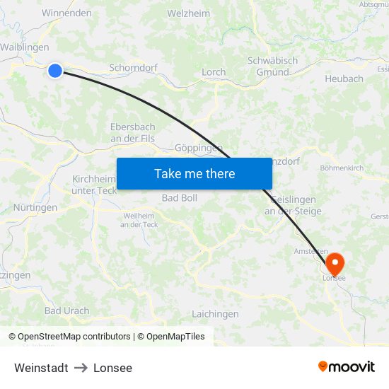 Weinstadt to Lonsee map
