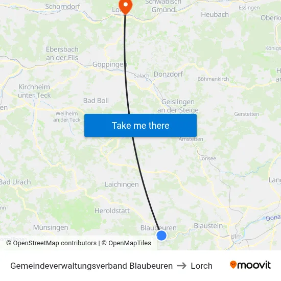 Gemeindeverwaltungsverband Blaubeuren to Lorch map