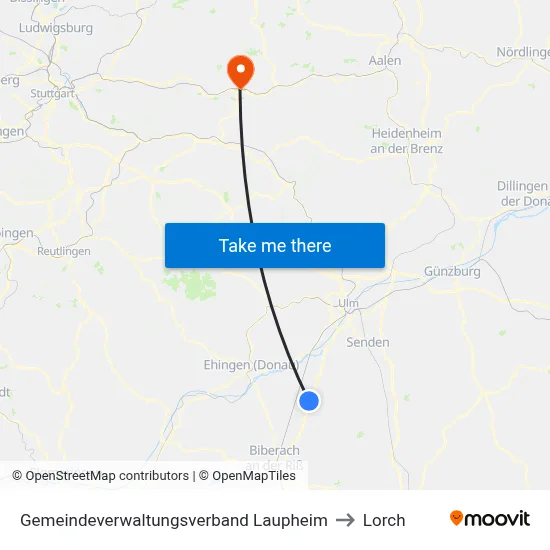 Gemeindeverwaltungsverband Laupheim to Lorch map
