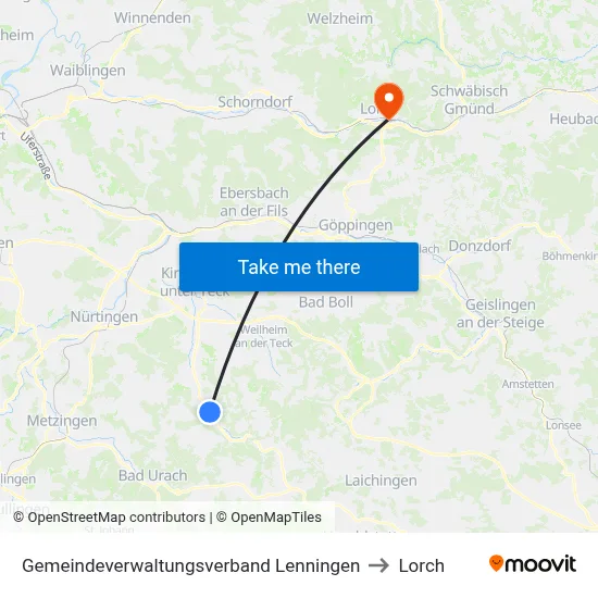 Gemeindeverwaltungsverband Lenningen to Lorch map