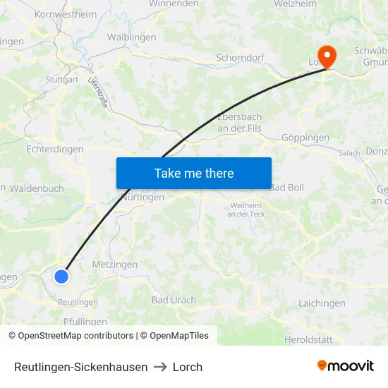 Reutlingen-Sickenhausen to Lorch map