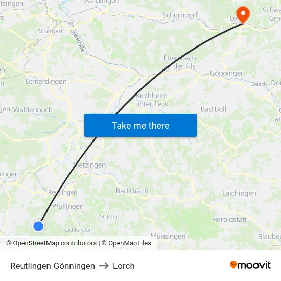 Reutlingen-Gönningen to Lorch map
