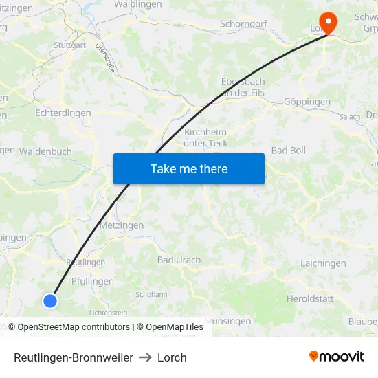 Reutlingen-Bronnweiler to Lorch map