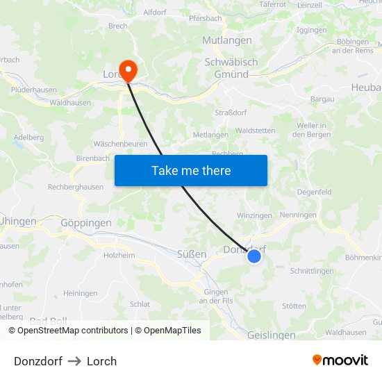 Donzdorf to Lorch map