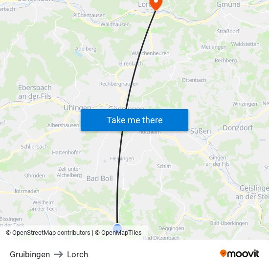 Gruibingen to Lorch map