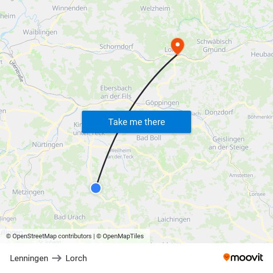 Lenningen to Lorch map