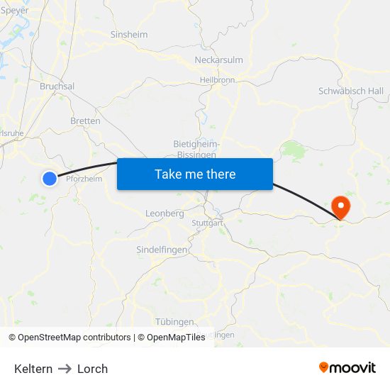 Keltern to Lorch map