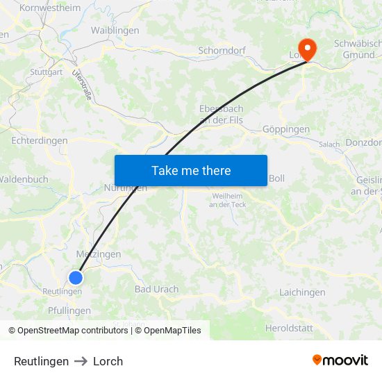Reutlingen to Lorch map