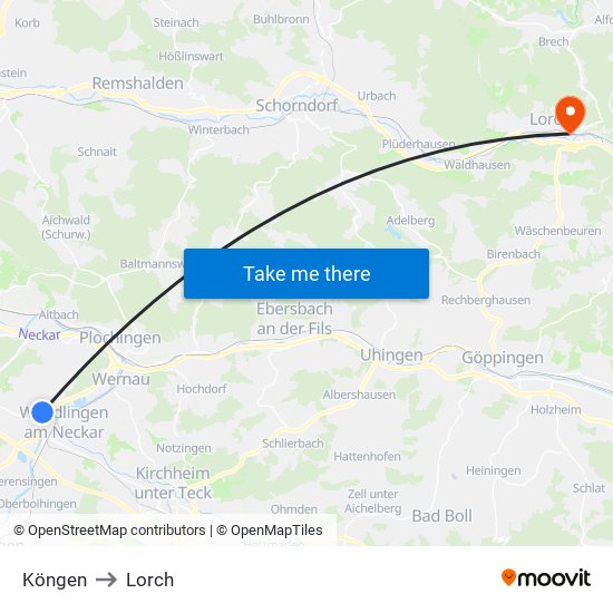 Köngen to Lorch map