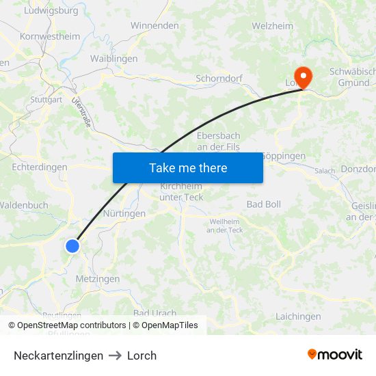 Neckartenzlingen to Lorch map