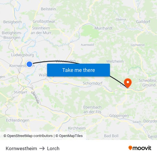 Kornwestheim to Lorch map