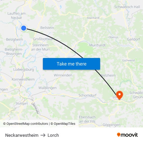 Neckarwestheim to Lorch map