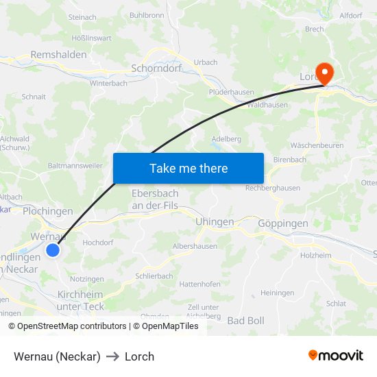 Wernau (Neckar) to Lorch map
