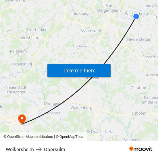 Weikersheim to Obersulm map
