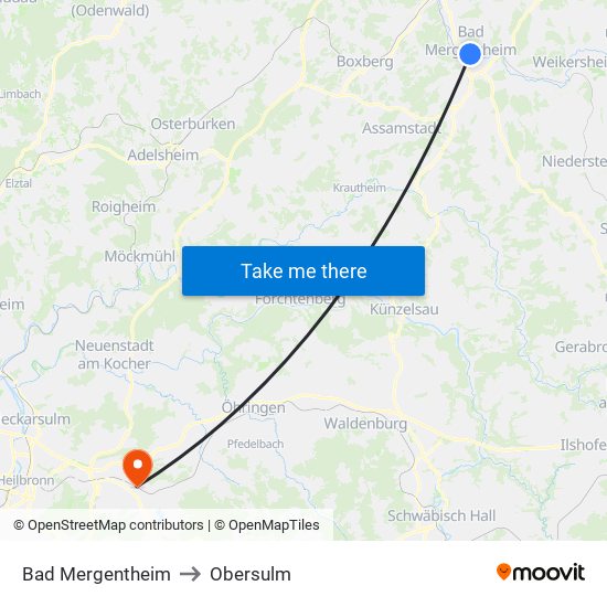 Bad Mergentheim to Obersulm map