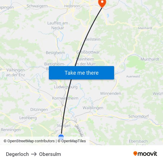 Degerloch to Obersulm map