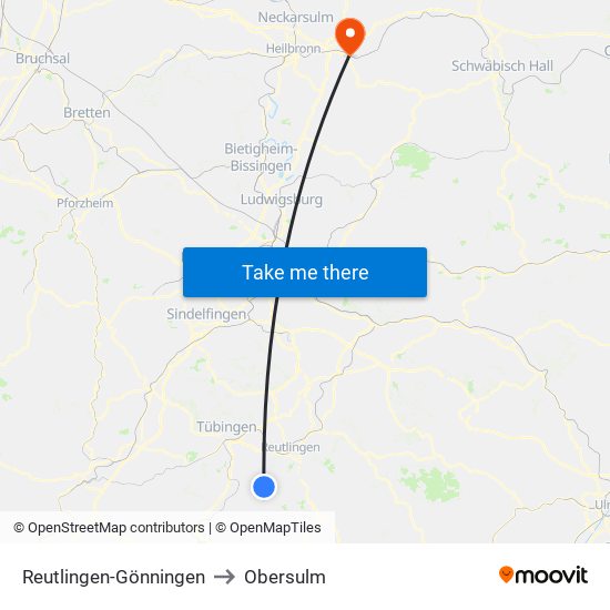 Reutlingen-Gönningen to Obersulm map