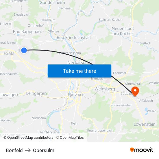 Bonfeld to Obersulm map