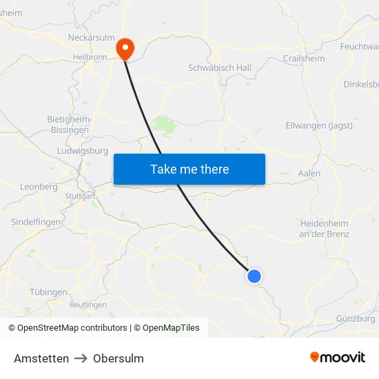 Amstetten to Obersulm map