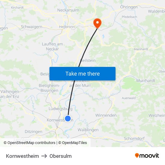 Kornwestheim to Obersulm map